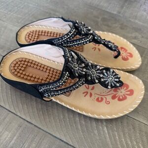 Ablanczoom Black Rhinestone Floral Thong Sandals Massage Footbed Womens 40